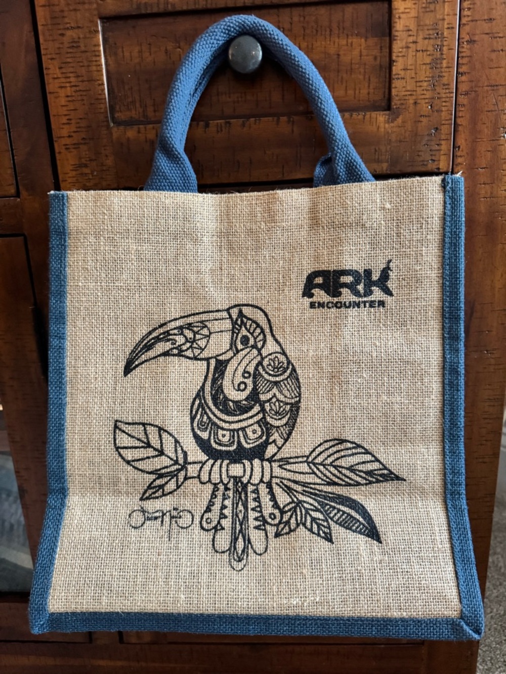 ARK Encounter Toucan Jute Tote Bag in Natural and Blue